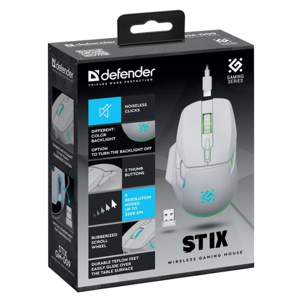 TRÅDLÖS MUS DEFENDER STIX GM-009 RF VIT 3200 dpi 7P