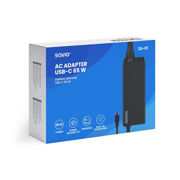 Savio ZA-01 mobiloplader til netbook, bærbar computer, smartphone, telefon, sort, AC, indendørs