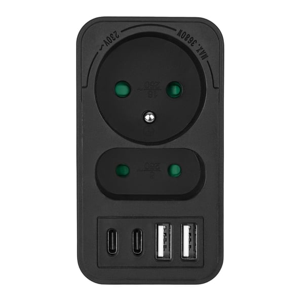 Maclean strømstik x2 + 4xUSB. splitter med 2 stik. 2xUSB A. 2xUSB C PD 20W. 1x16A + 1x6A. MCE249 F/B