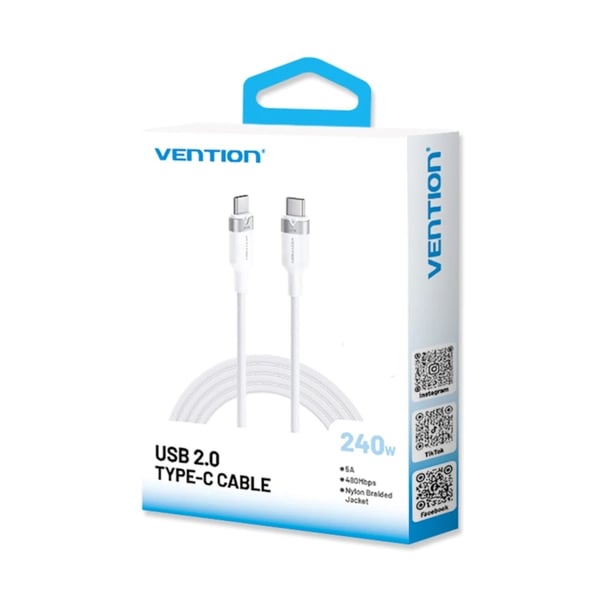 USB-C til USB-C 2.0 PD 3.1 Ventilationskabel 5A 240W 2m Hvid