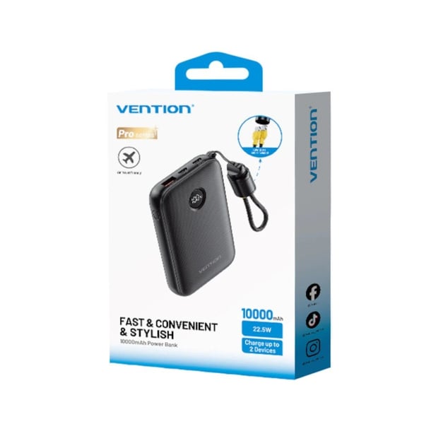 Powerbank Vention 10000mAh 2 x USB-C 1x USB-A med display 22,5W sort