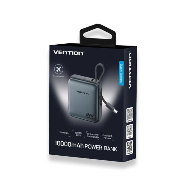 Vention 10000mAh 35W PD Powerbank med Indbygget USB-C Kabel Grå