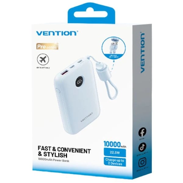 Powerbank Vention 10000mAh 2 x USB-C 1x USB-A med display 22,5W blå