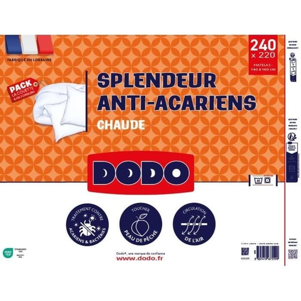 DODO Varmt Påslakanset Mot Dammkvalster 220x240 cm + 2 Kuddar 60x60 cm - Splendor - 100% Volupt'air Fyllning 350gr/m² - Vit