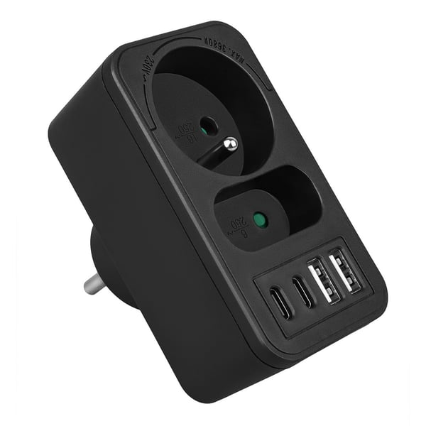 Maclean strømstik x2 + 4xUSB. splitter med 2 stik. 2xUSB A. 2xUSB C PD 20W. 1x16A + 1x6A. MCE249 F/B