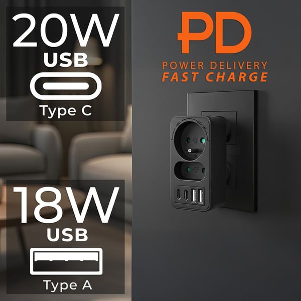 Maclean strømstik x2 + 4xUSB. splitter med 2 stik. 2xUSB A. 2xUSB C PD 20W. 1x16A + 1x6A. MCE249 F/B