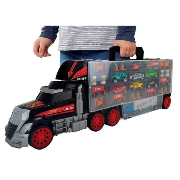 Biltransportlastbil - Dickie Toys - Lastbilkuffert - 7 støbte køretøjer - 62 cm