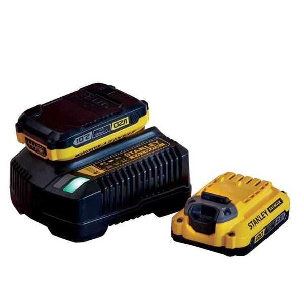 2-pak 18V 2Ah batterier + 2A oplader - STANLEY FATMAX - Kompatibel med STANLEY FATMAX V20-serien - SFMCB12D2-QW
