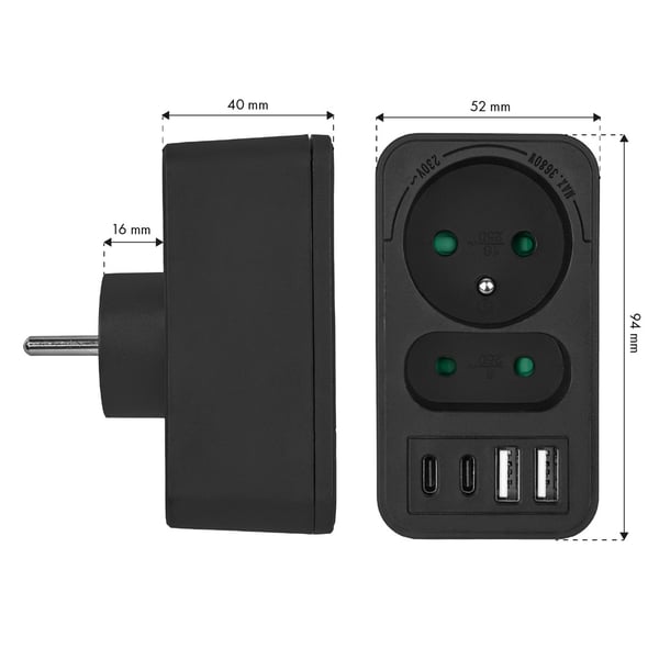 Maclean strømstik x2 + 4xUSB. splitter med 2 stik. 2xUSB A. 2xUSB C PD 20W. 1x16A + 1x6A. MCE249 F/B