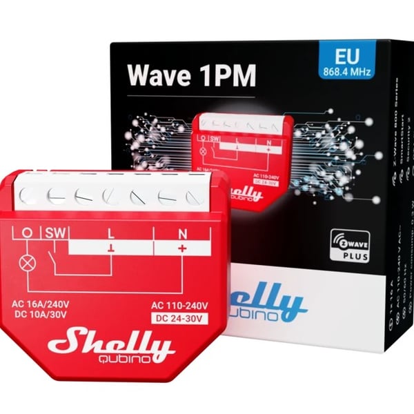 Shelly Qubino Wave 1PM - 1-kanals 230V Z-Wave väggmonterad relä/styrenhet med effektmätning