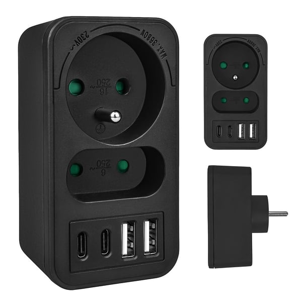 Maclean strømstik x2 + 4xUSB. splitter med 2 stik. 2xUSB A. 2xUSB C PD 20W. 1x16A + 1x6A. MCE249 F/B
