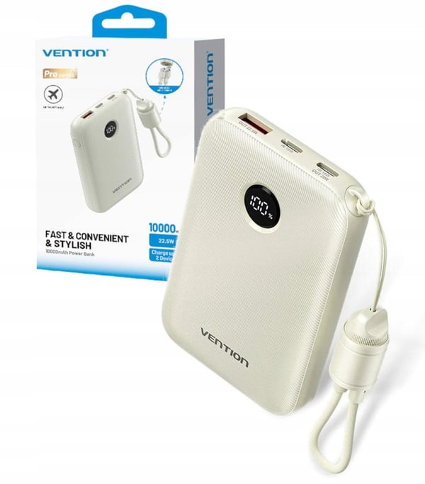 Powerbank Vention 10000mAh 2 x USB-C 1x USB-A med display 22,5W beige