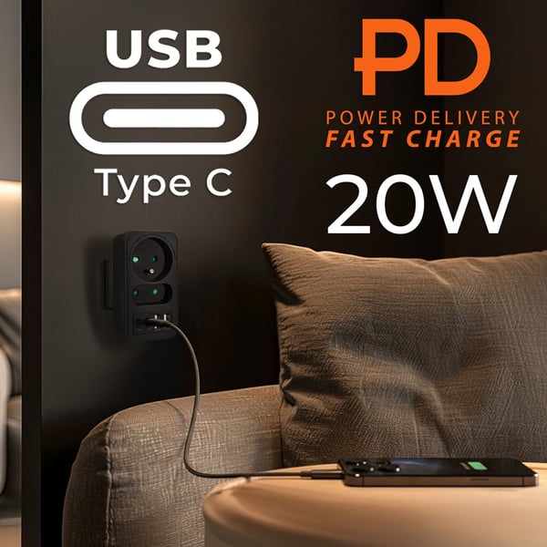 Maclean strømstik x2 + 4xUSB. splitter med 2 stik. 2xUSB A. 2xUSB C PD 20W. 1x16A + 1x6A. MCE249 F/B