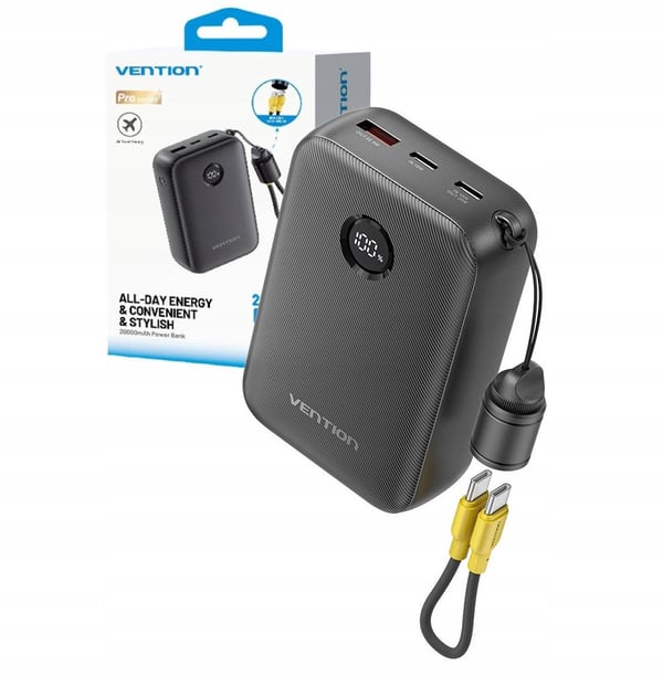 Powerbank Vention 20000mAh 2 x USB-C 1x USB-A med display 22,5W sort