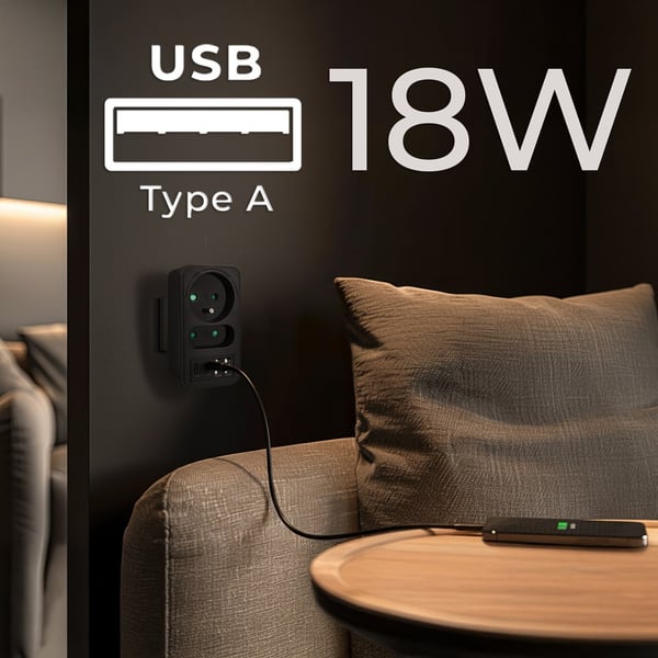Maclean strømstik x2 + 4xUSB. splitter med 2 stik. 2xUSB A. 2xUSB C PD 20W. 1x16A + 1x6A. MCE249 F/B
