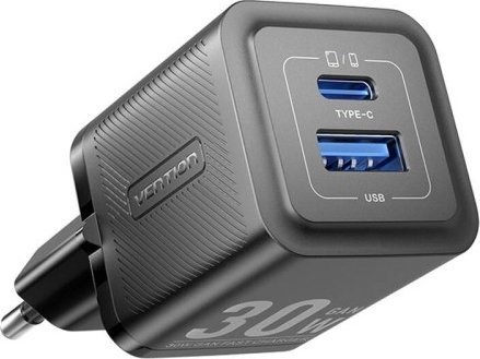 Vention Oplader 1x USB-A 1x USB-C GaN 30W Sort Vention Oplader 1x USB-A 1x USB-C GaN 30W Sort