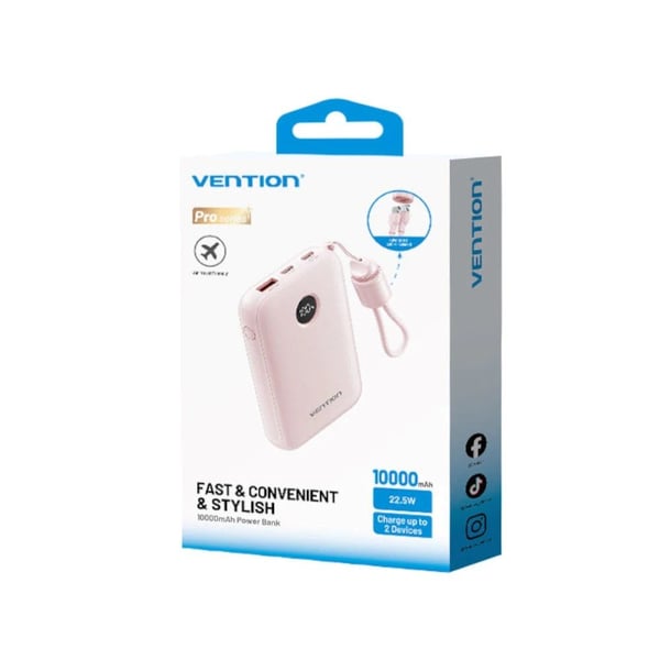 Powerbank Vention 10000mAh 2 x USB-C 1x USB-A med display 22,5W pink