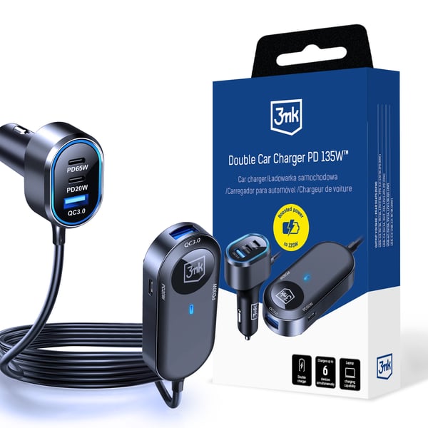 3mk Double Car Charger 135W PD QC PPS USB 2A4C musta ja harmaa