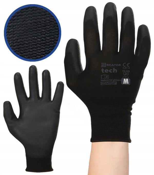 Mercator Tech svarta + svarta PU-arbetshandskar - M - 1 par