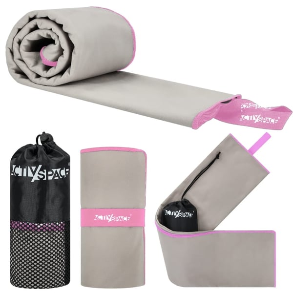 Snabbtorkande mikrofiberhandduk 130x75cm liten - grå+rosa