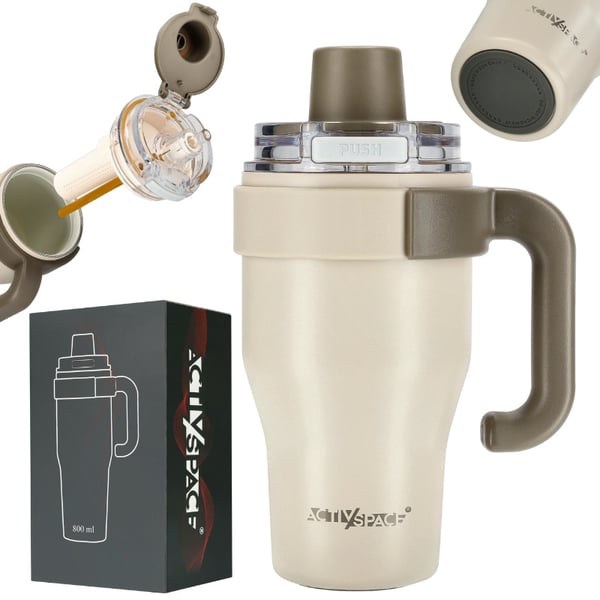 Termosmuki pillikahvalla kahville tai teelle, vuotamaton, 800ml - beige