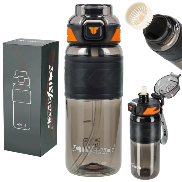 Tritan-juomapullo 600 ml mittakupilla - musta