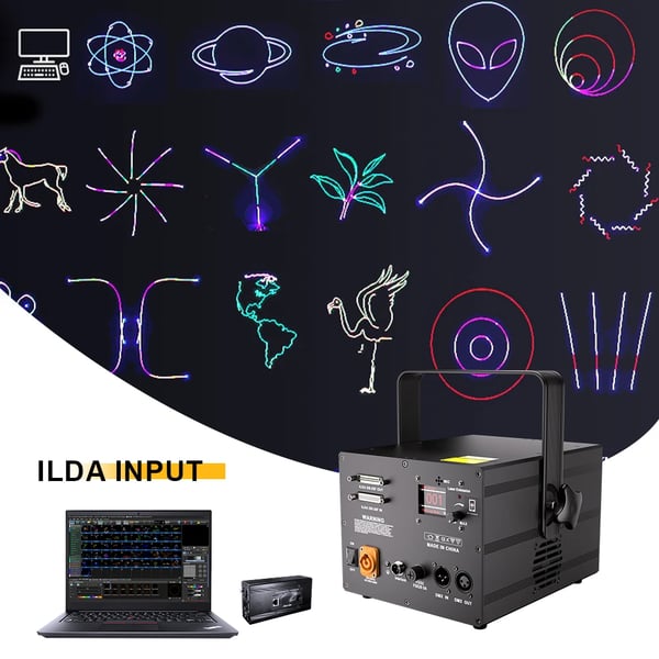 Animaatiolaser, RGB-efektit, DMX-ohjaus, EU-pistoke, 3W