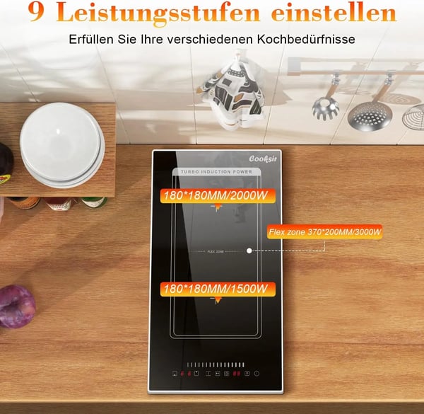 Induktionskogeplade, To Kogezoner, Berøringskontrol,sort, EU