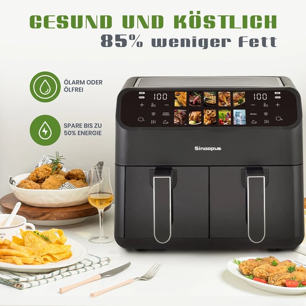 Luftfritös, Dubbelkorgsdesign, 10 Matlagningsprogram,EU, 2000W Ugn