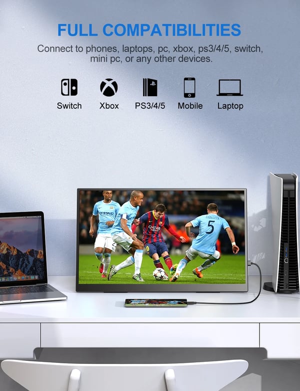 Bærbar Skærm, 120Hz Opdateringshastighed, Full HD Opløsning,EU-stik