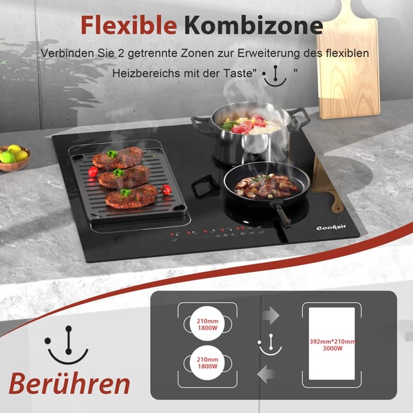 Induktionshäll, 4 Matlagningszoner, Touchpad Kontroll,EU, svart