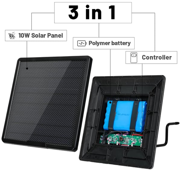 12V Trail Kamera Solpanel, 25000mAh Kapacitet, IP66 Vandtæt, DC Udgange 12V/2A, USB Udgange 5V/9V/12V, 10W Effektvurdering
