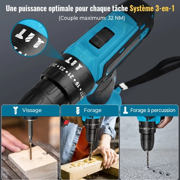 Trådløs boremaskine, 28V genopladelig, hastighed 1350 omdr./min, dobbelt batterisystem,2 batterier 1 opladning