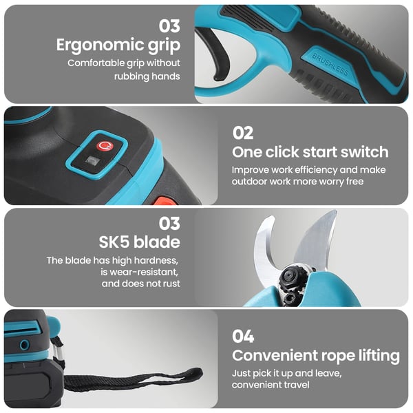 Beskærersaks, trådløs elektrisk, ergonomisk design,EU, 2 Batteri