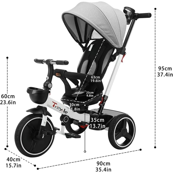 Baby Tricycle, 6 brugsformer, sikkerhedsfunktioner,HVID