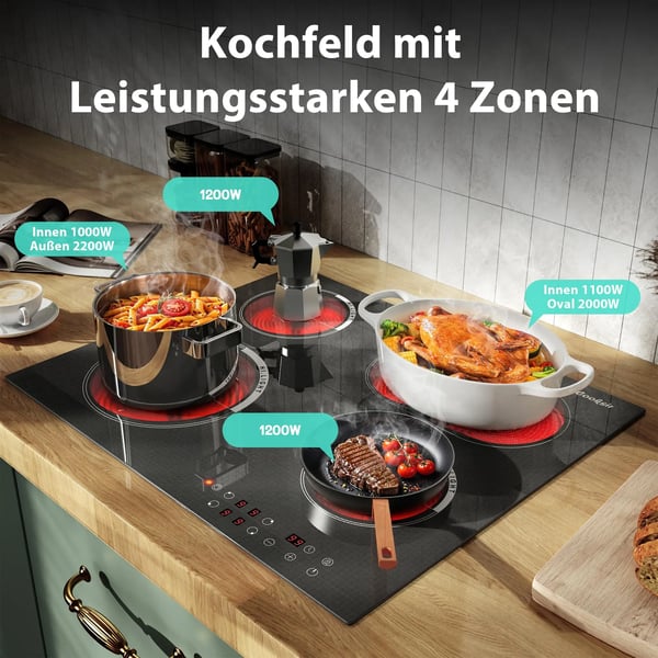Glaskeramisk Kogeplade, Fire Kogezoner, Berøringskontrolfunktioner,sort