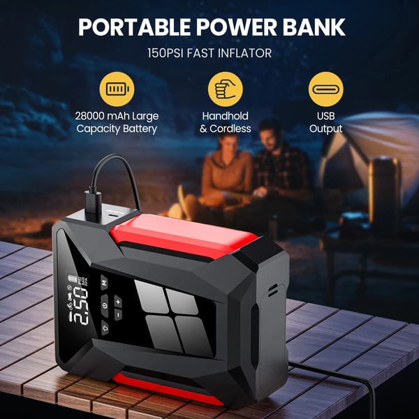 Jump Starter, 28000mAh, 150PSI Luftkompressor, Bærbar, Dobbelt USB-udgange, LED-lys