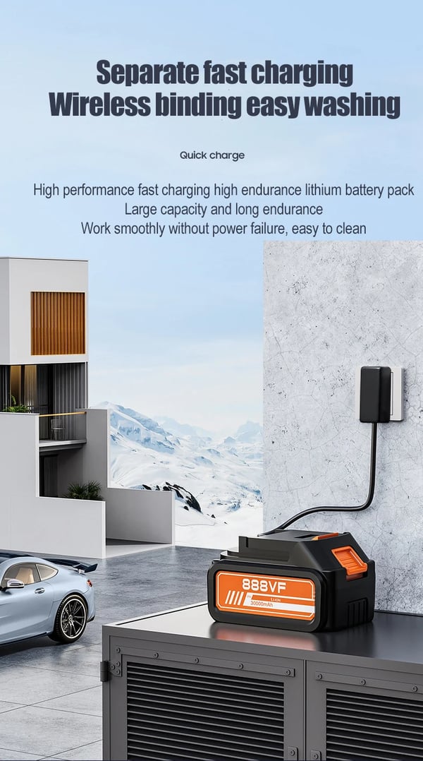 Højtryks elektrisk bilvasker, trådløs betjening, multifunktionsdyse,Batteridrevet, Med 1xBatteri