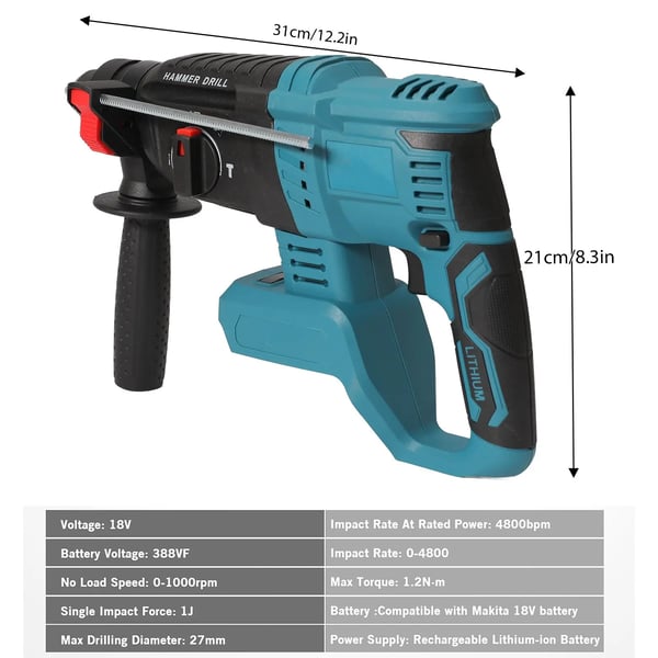 Rotary Hammer Boremaskine, 27mm Kapacitet, Genopladelig Drift,Med 2XBattery