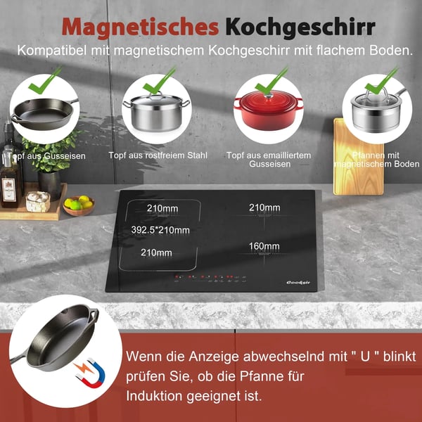 Induktionshäll, 4 Matlagningszoner, Touchpad Kontroll,EU, svart