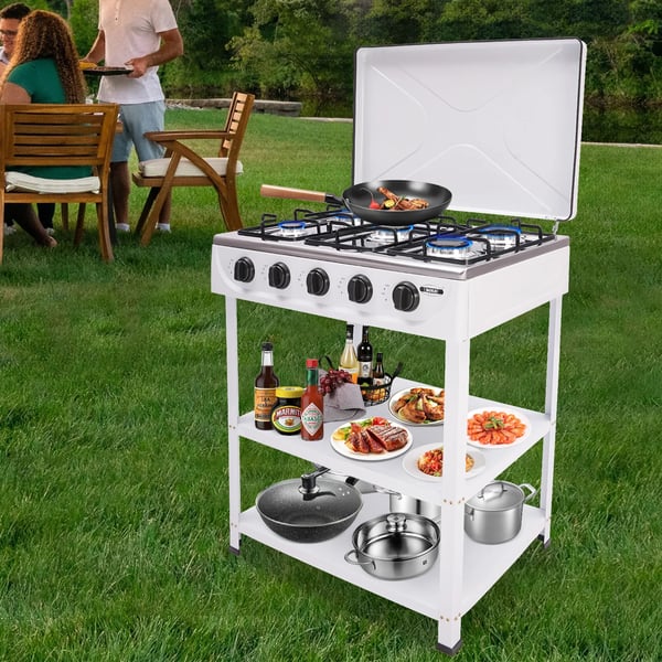 Gasgrill, 5-brænder konfiguration, 2,5 kW brænder, skridsikre fødder, LPG-kompatibel, effektivt design