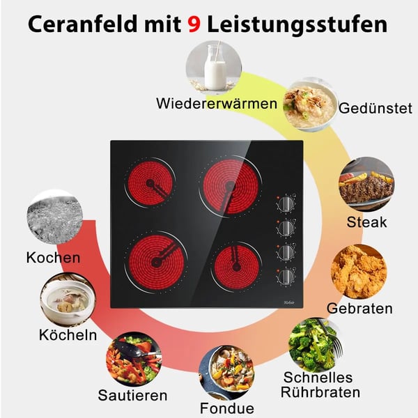 Glaskeramisk Kogeplade, 4 Zoner, 9 Effekttrin,sort