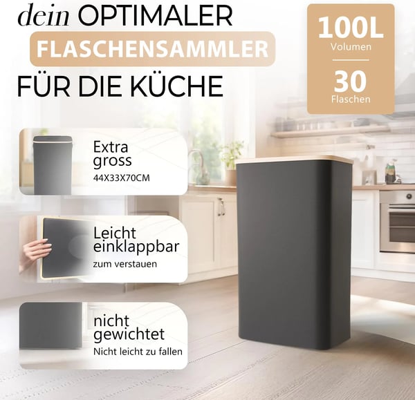 Genbrugsbeholder, Lugt-resistent, Stor kapacitet,L, sort
