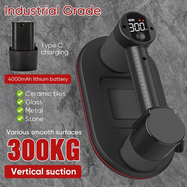 Elektrisk vakuum sugekop, 300 KG belastningskapacitet, intelligent display,2 Batteri 1 EU Stik