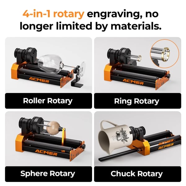 Lasergravering Rotationsmodul, 360° Rotation, Multifunktionelt Design,M4 Rotary og Chuck