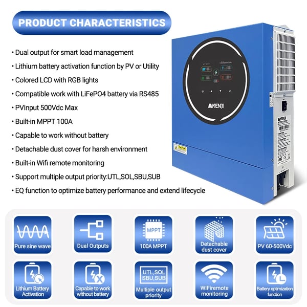 Sol inverter, dobbelt output, indbygget WiFi overvågning,220-240V, ANI-5KW-48V-WIFI, 48V