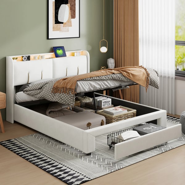 Parisänky, USB-latausportti, LED-valaistus, 160×200cm, Beige