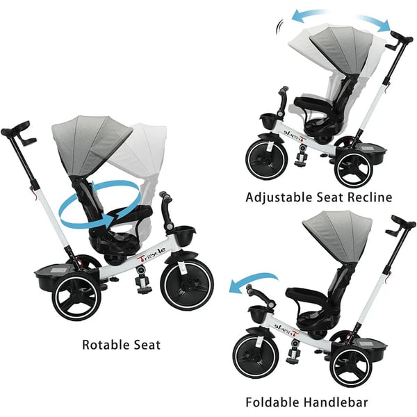 Baby Tricycle, 6 brugsformer, sikkerhedsfunktioner,HVID