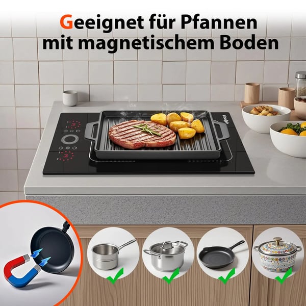 Induktionskogeplade, Indbygget, Dobbelt Kogezone,sort
