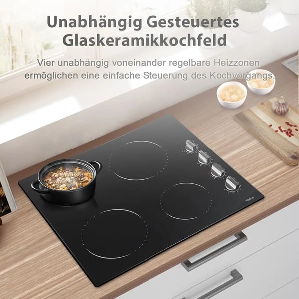 Glaskeramisk Kogeplade, 4 Zoner, 9 Effekttrin,sort